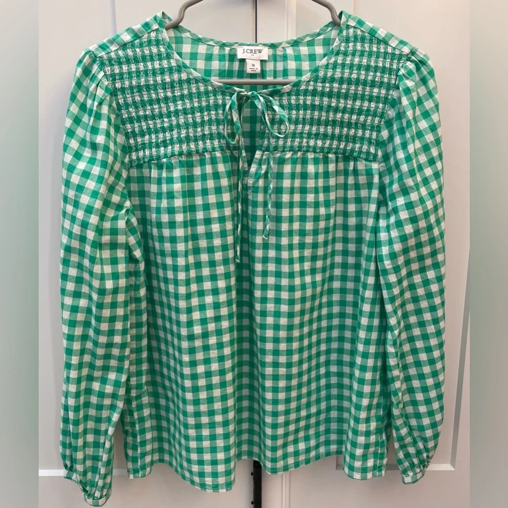 J. Crew green gingham white tie-neck smocked top small blouse preppy shirt